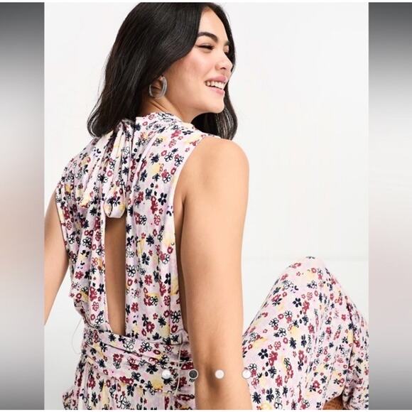 Free People Vibe Check Jumpsuit Floral Wide Leg Small Tie Waist Boho Retro C25 - Picture 4 of 16